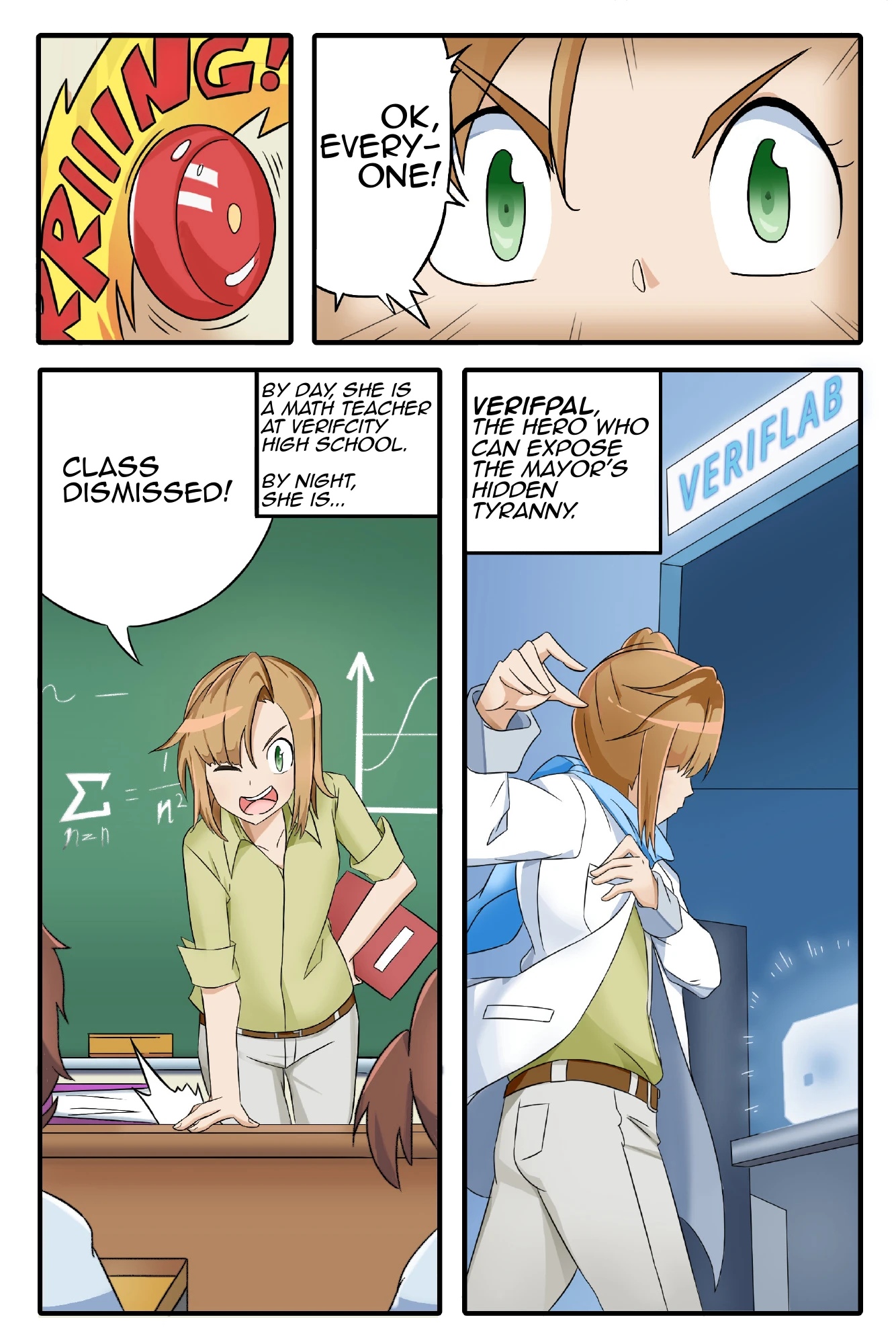 Page 3. A math teacher becomes Verifpal, the hero investigating the mayor.